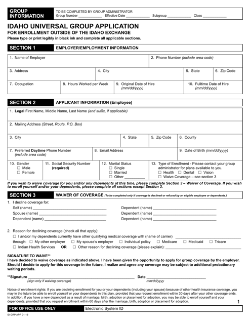 Idaho Universal Group Application for Enrollment Outside of the Idaho Exchange - Idaho