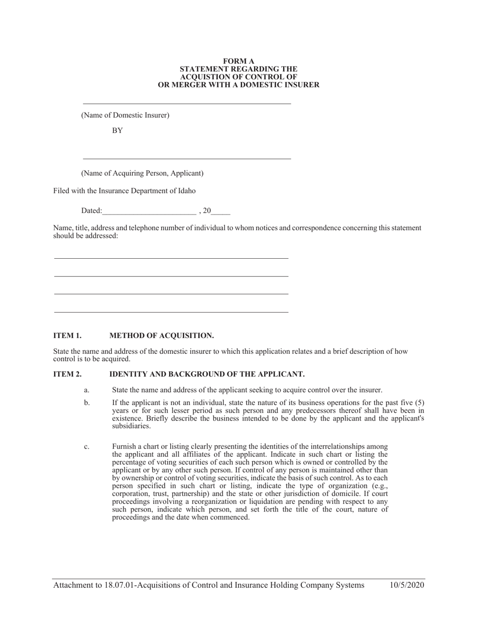 Form A Statement Regarding the Acquistion of Control of or Merger With a Domestic Insurer - Idaho, Page 1
