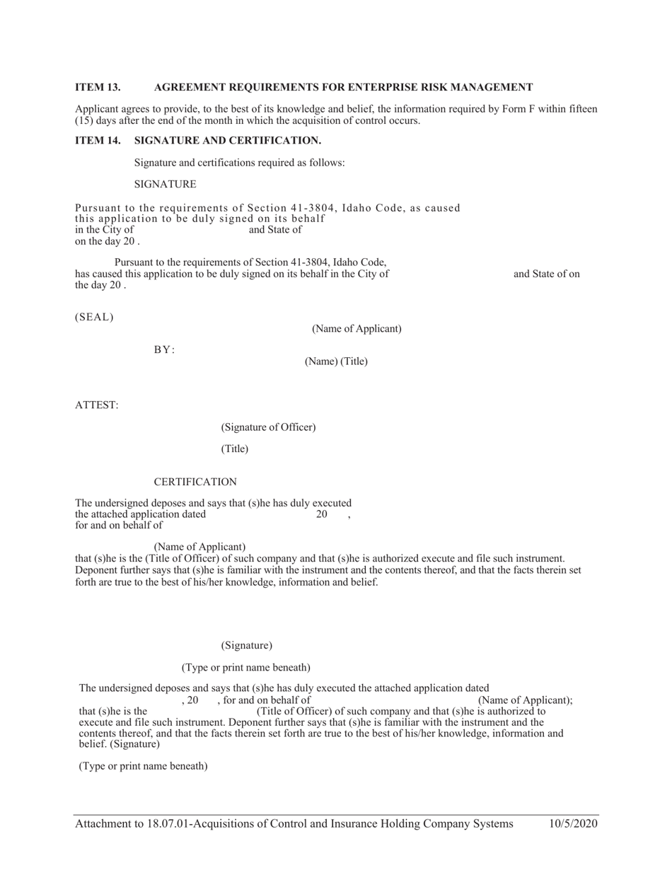 Form A Statement Regarding the Acquistion of Control of or Merger With a Domestic Insurer - Idaho, Page 4