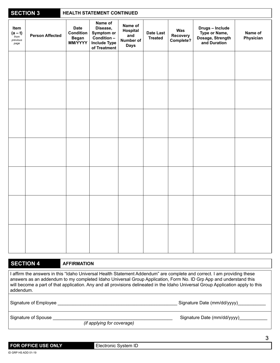 Idaho Universal Health Statement Addendum - Idaho, Page 3