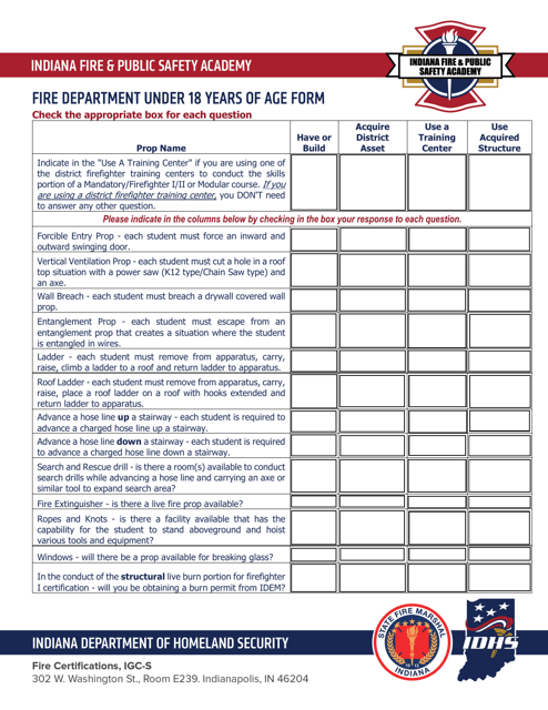 Fire Department Under 18 Years of Age Form - Indiana Download Pdf