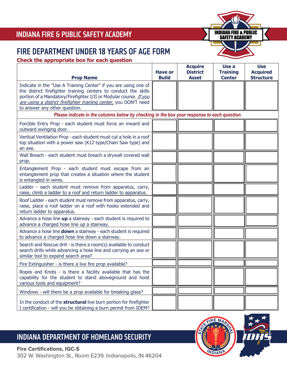 Fire Department Under 18 Years of Age Form - Indiana, Page 1
