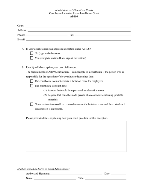 Form AB196 Courthouse Lactation Room Installation Grant Exception Form - Nevada
