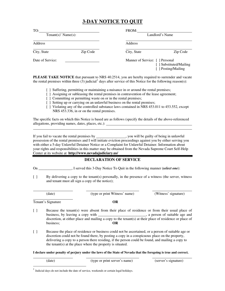 3-day Notice to Quit - Nevada, Page 1