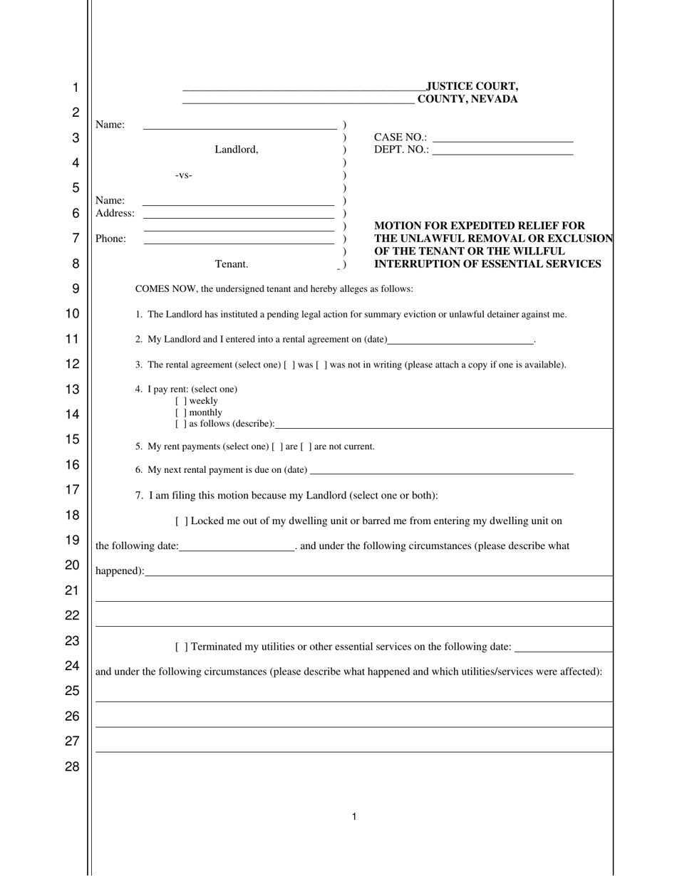 Motion for Expedited Relief for the Unlawful Removal or Exclusion of the Tenant or the Willful Interruption of Essential Services - Nevada, Page 1