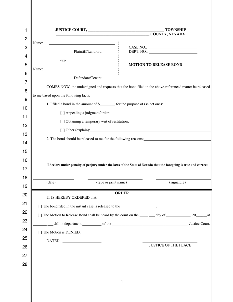 Motion to Release Bond - Nevada, Page 1