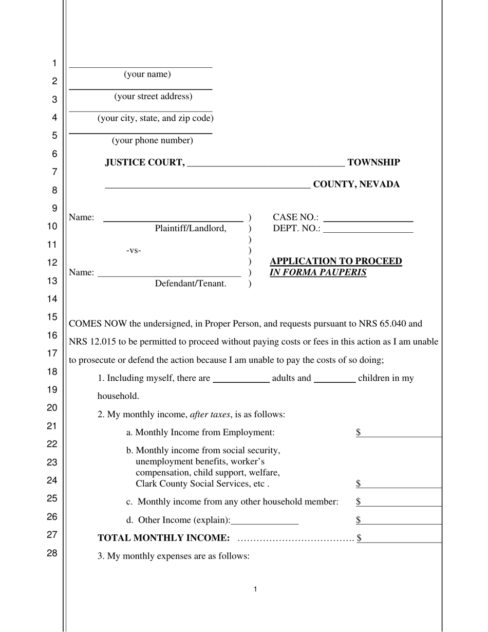 Application to Proceed in Forma Pauperis - Nevada, Page 1
