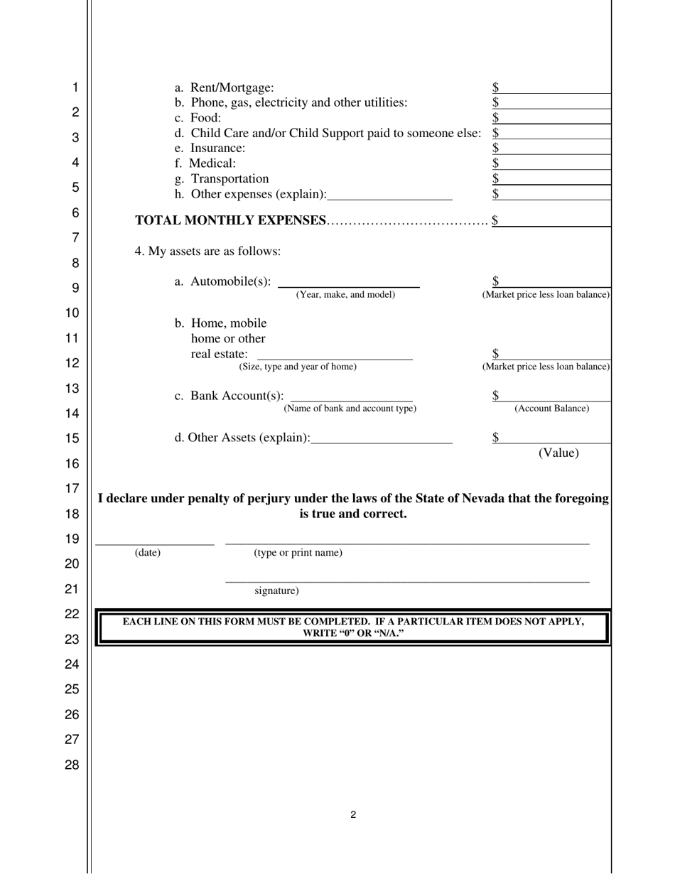 Application to Proceed in Forma Pauperis - Nevada, Page 2