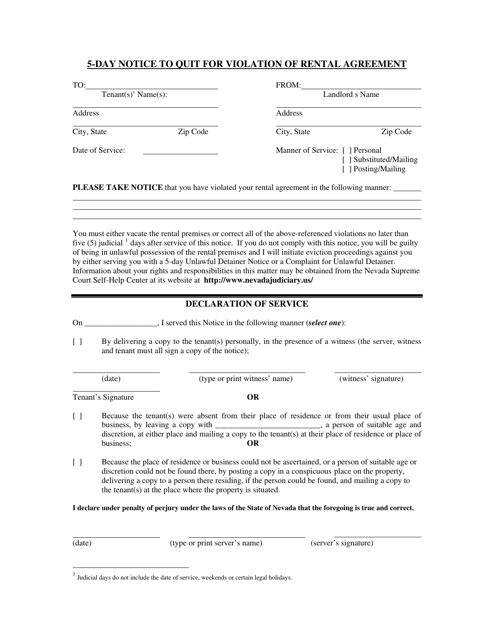 5-day Notice to Quit for Violation of Rental Agreement - Nevada Download Pdf