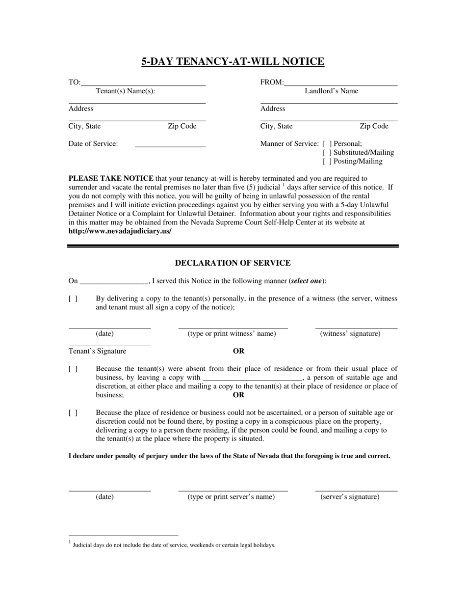 5-day Tenancy-At-Will Notice - Nevada, Page 1