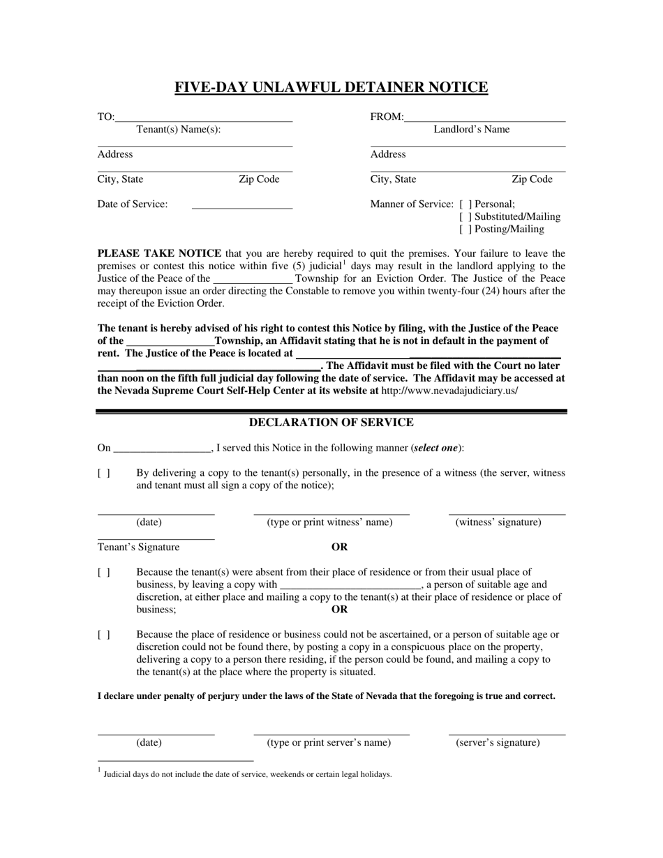 Five-Day Unlawful Detainer Notice - Nevada, Page 1