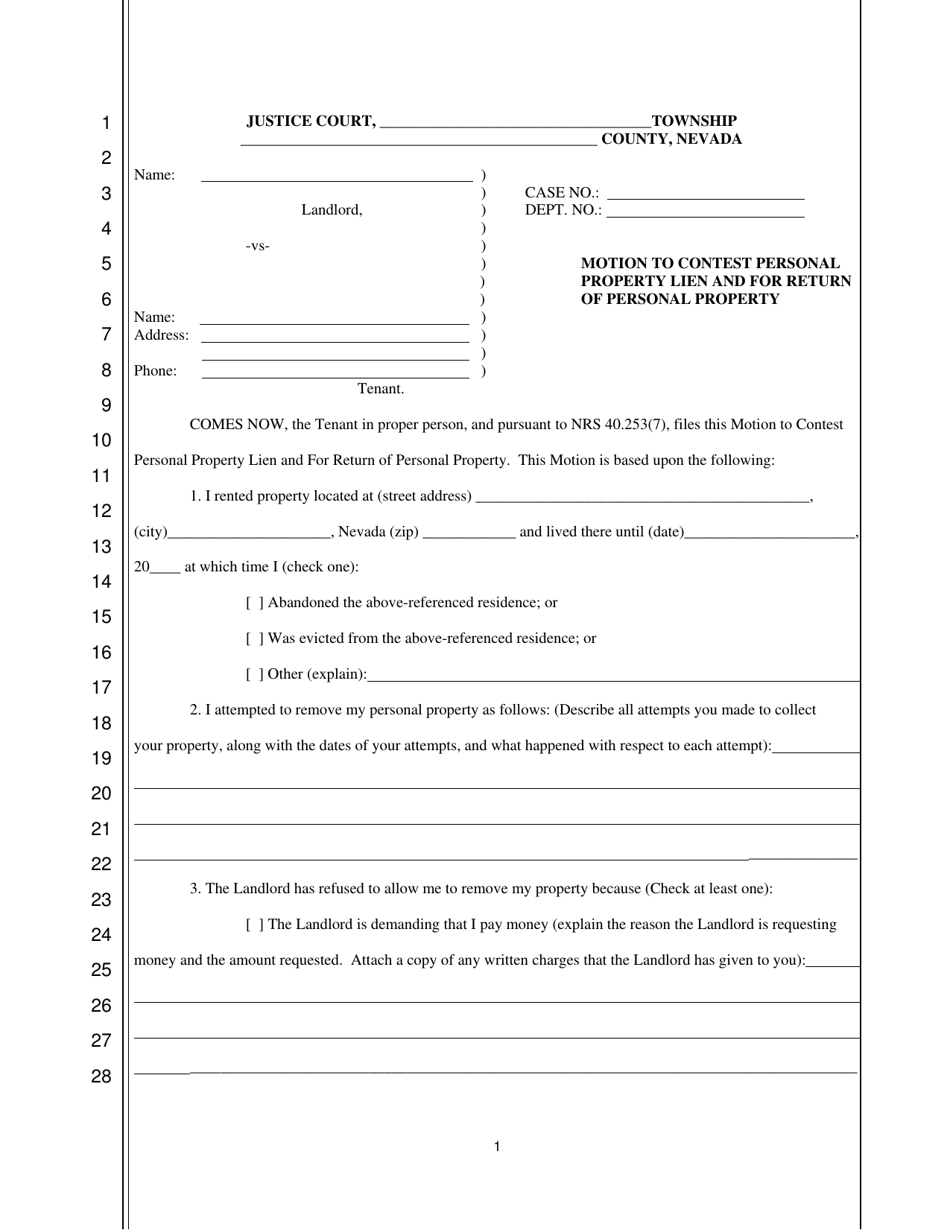 Motion to Contest Personal Property Lien and for Return of Personal Property - Nevada, Page 1