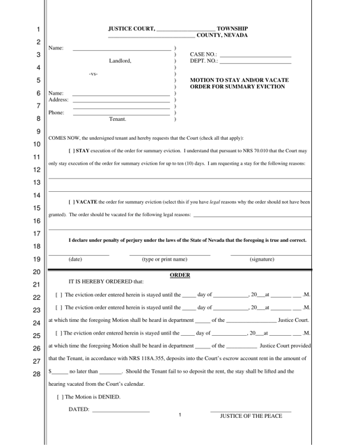 Motion to Stay and / or Vacate Order for Summary Eviction - Nevada Download Pdf