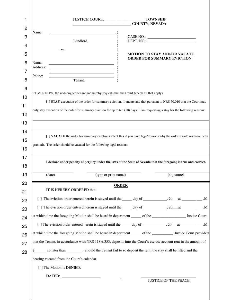 Motion to Stay and / or Vacate Order for Summary Eviction - Nevada, Page 1