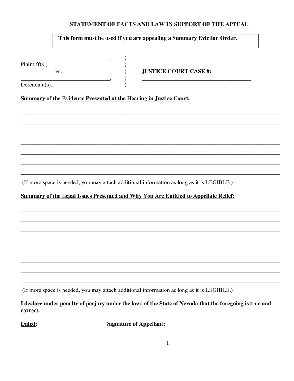 Nevada Statement of Facts and Law in Support of the Appeal - Fill Out ...