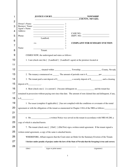 Complaint for Summary Eviction - Nevada Download Pdf