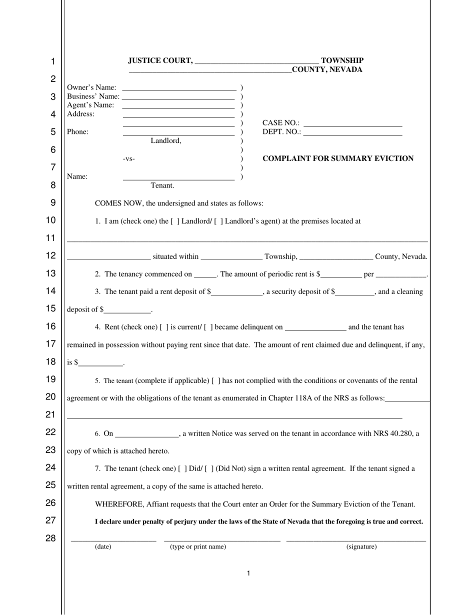Complaint for Summary Eviction - Nevada, Page 1