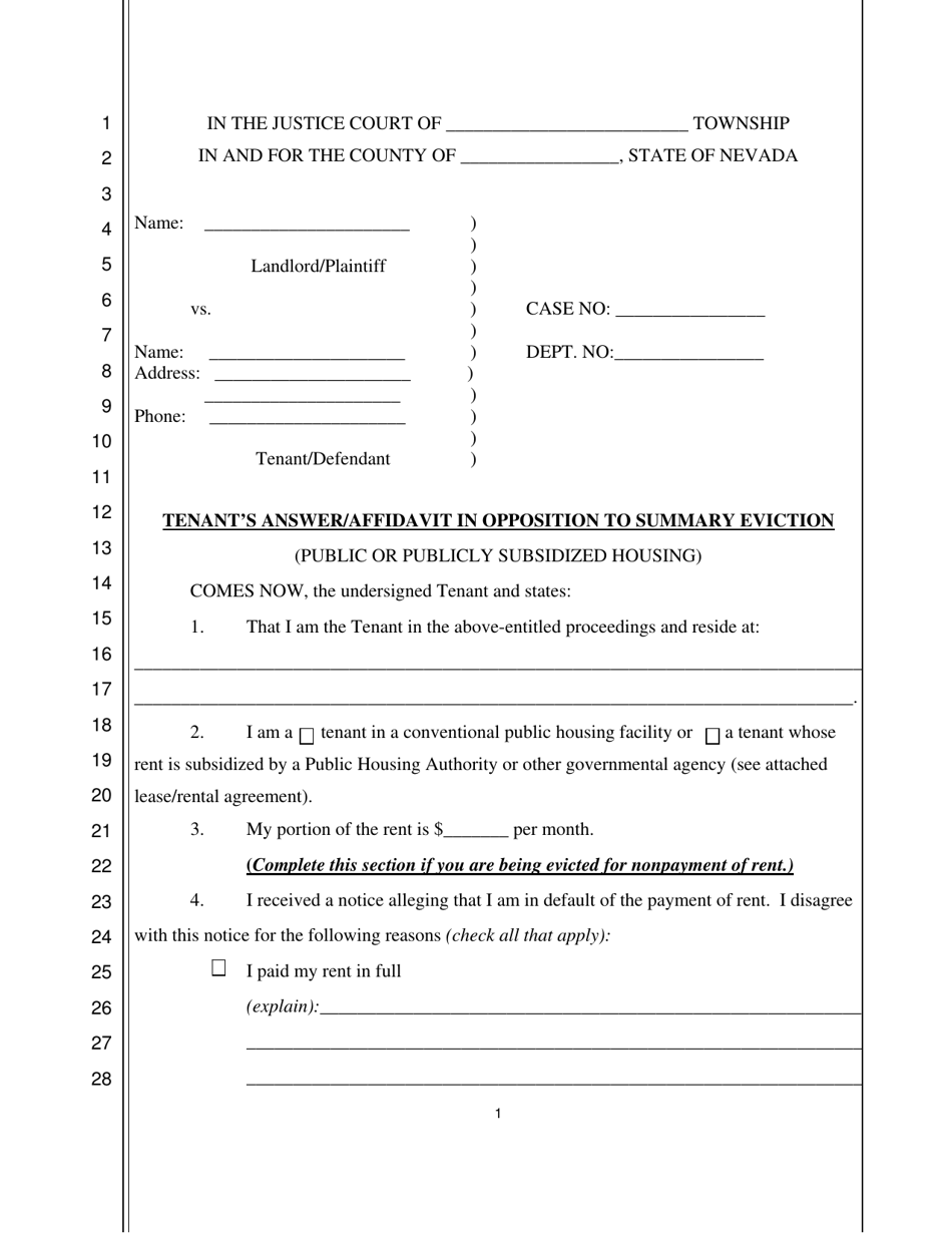 Tenants Answer / Affidavit in Opposition to Summary Eviction - Nevada, Page 1