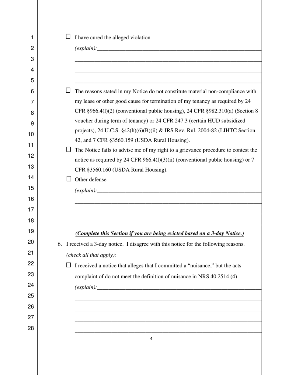 Nevada Tenant's Answer/Affidavit in Opposition to Summary Eviction ...