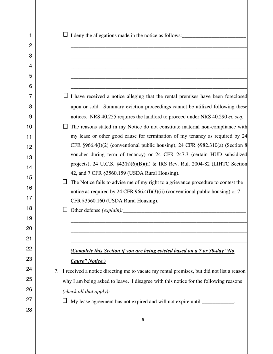 Tenants Answer / Affidavit in Opposition to Summary Eviction - Nevada, Page 5