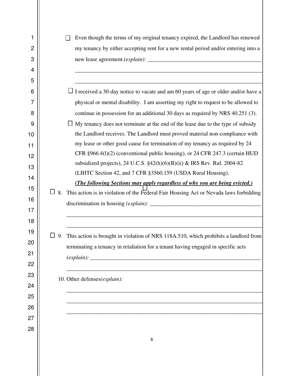 Tenants Answer / Affidavit in Opposition to Summary Eviction - Nevada, Page 6