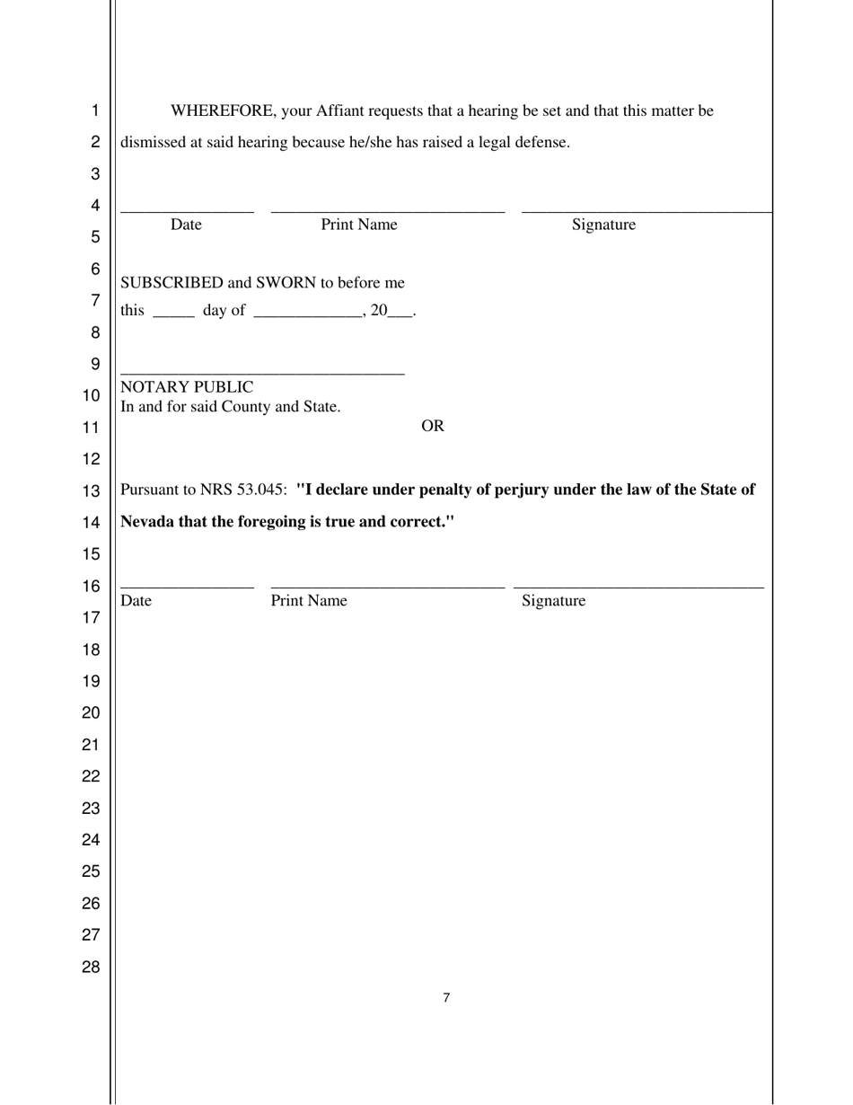 Tenants Answer / Affidavit in Opposition to Summary Eviction - Nevada, Page 7