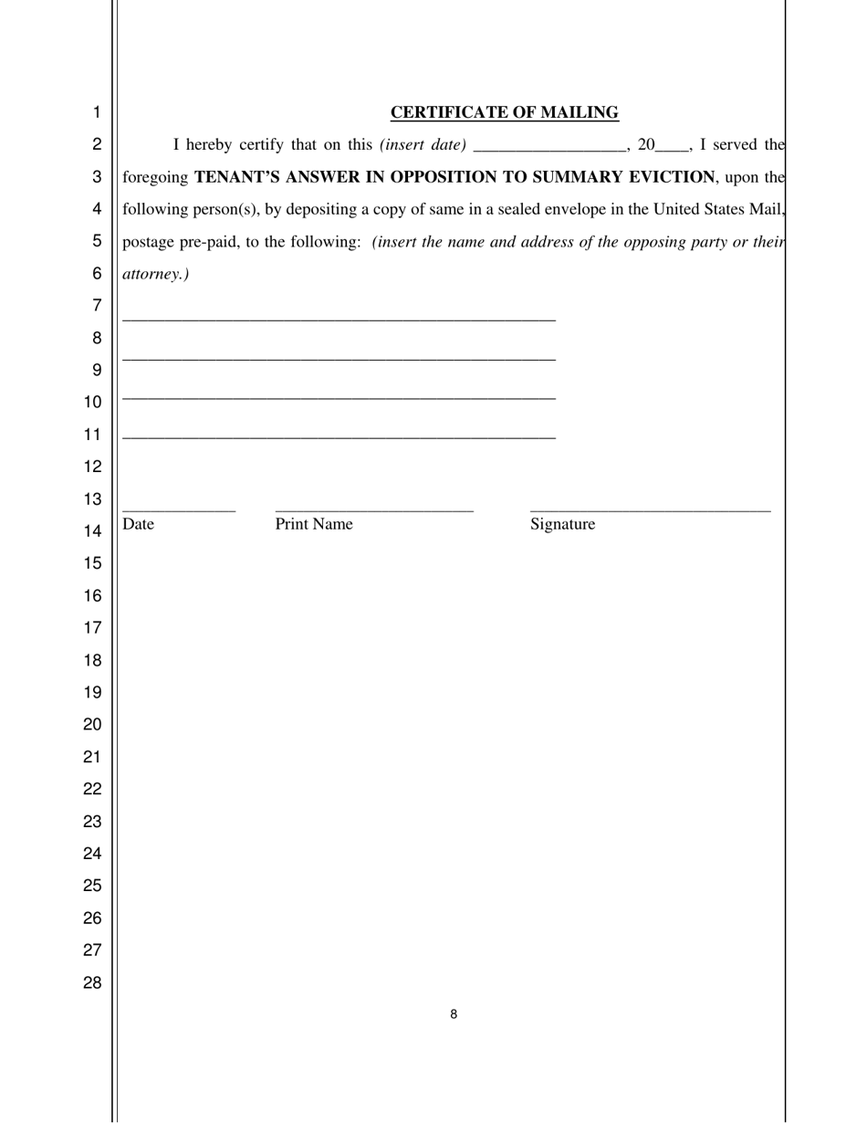 Tenants Answer / Affidavit in Opposition to Summary Eviction - Nevada, Page 8