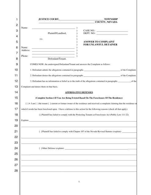 Answer to Complaint for Unlawful Detainer - Nevada Download Pdf