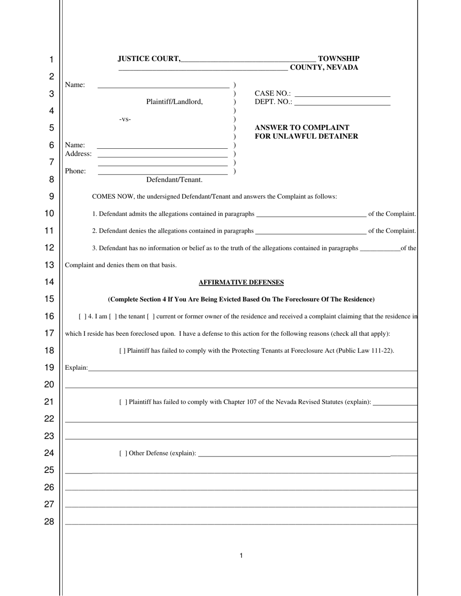Answer to Complaint for Unlawful Detainer - Nevada, Page 1