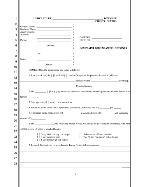 Complaint for Unlawful Detainer - Nevada Download Pdf