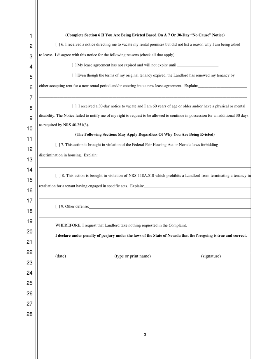 Tenants Answer in Opposition to Summary Eviction - Nevada, Page 3