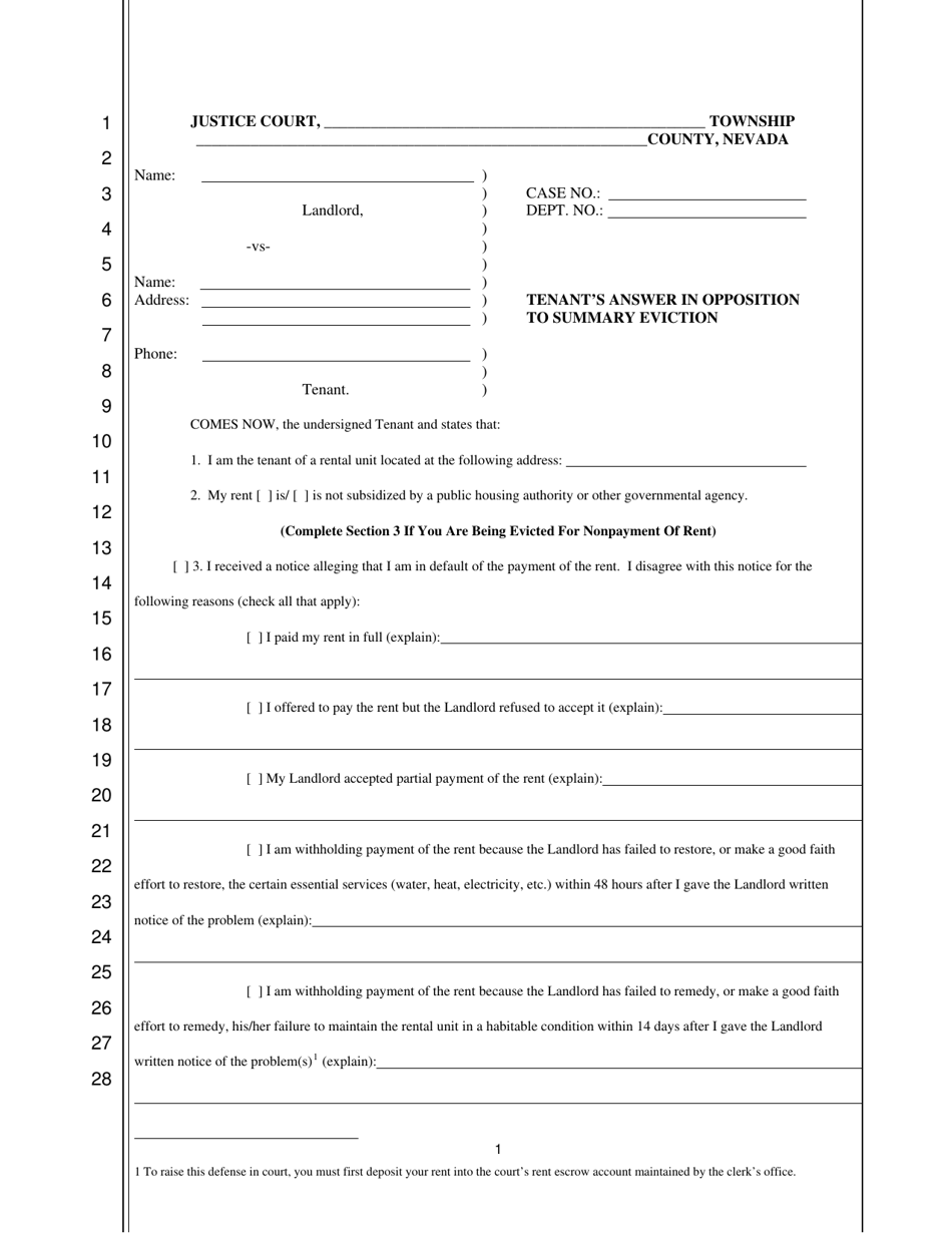 Nevada Tenant's Answer In Opposition To Summary Eviction - Fill Out 