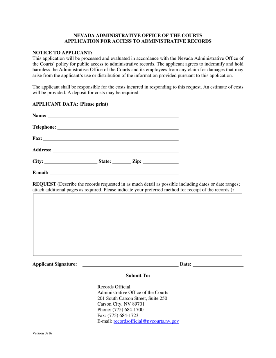 Application for Access to Administrative Records - Nevada, Page 1