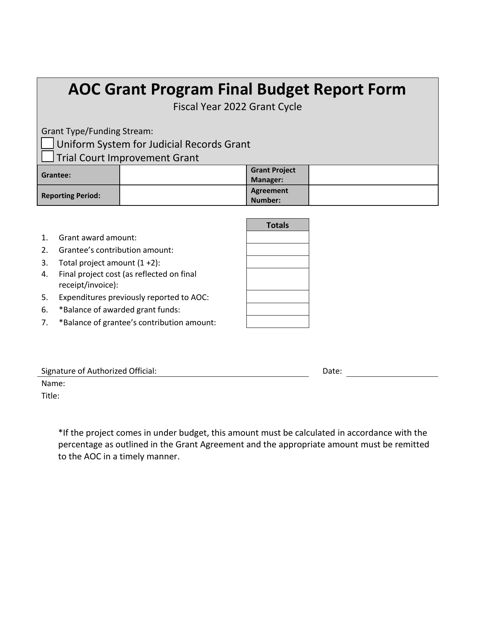 Aoc Grant Program Final Budget Report Form - Nevada, 2022