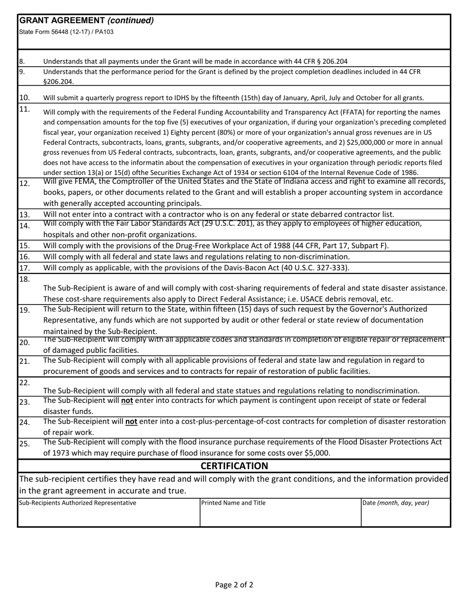 State Form 56448 (PA103) Public Assistance Grant Agreement - Indiana, Page 2