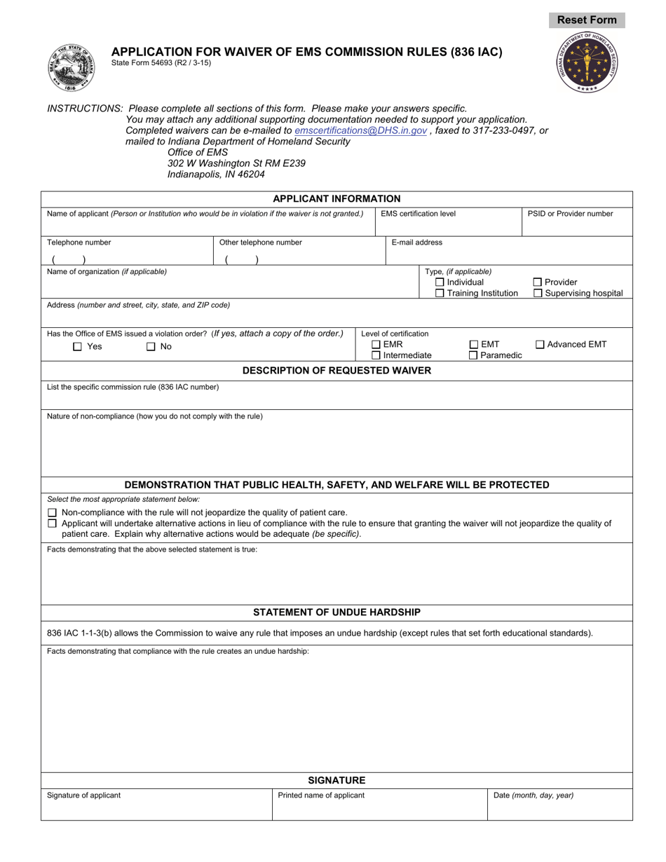 State Form 54693 Application for Waiver of EMS Commission Rules (836 Iac) - Indiana, Page 1