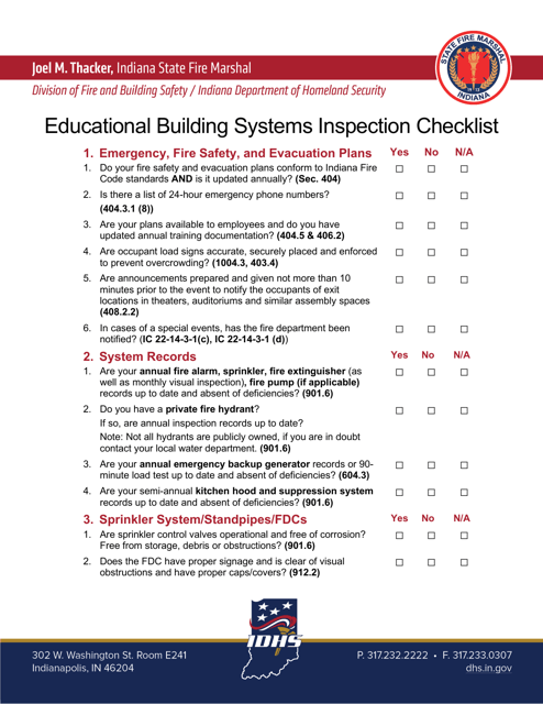 Educational Building Systems Inspection Checklist - Indiana Download Pdf