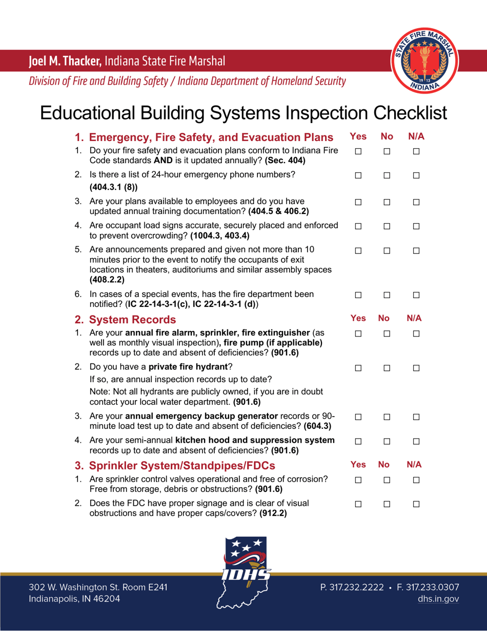 Educational Building Systems Inspection Checklist - Indiana, Page 1