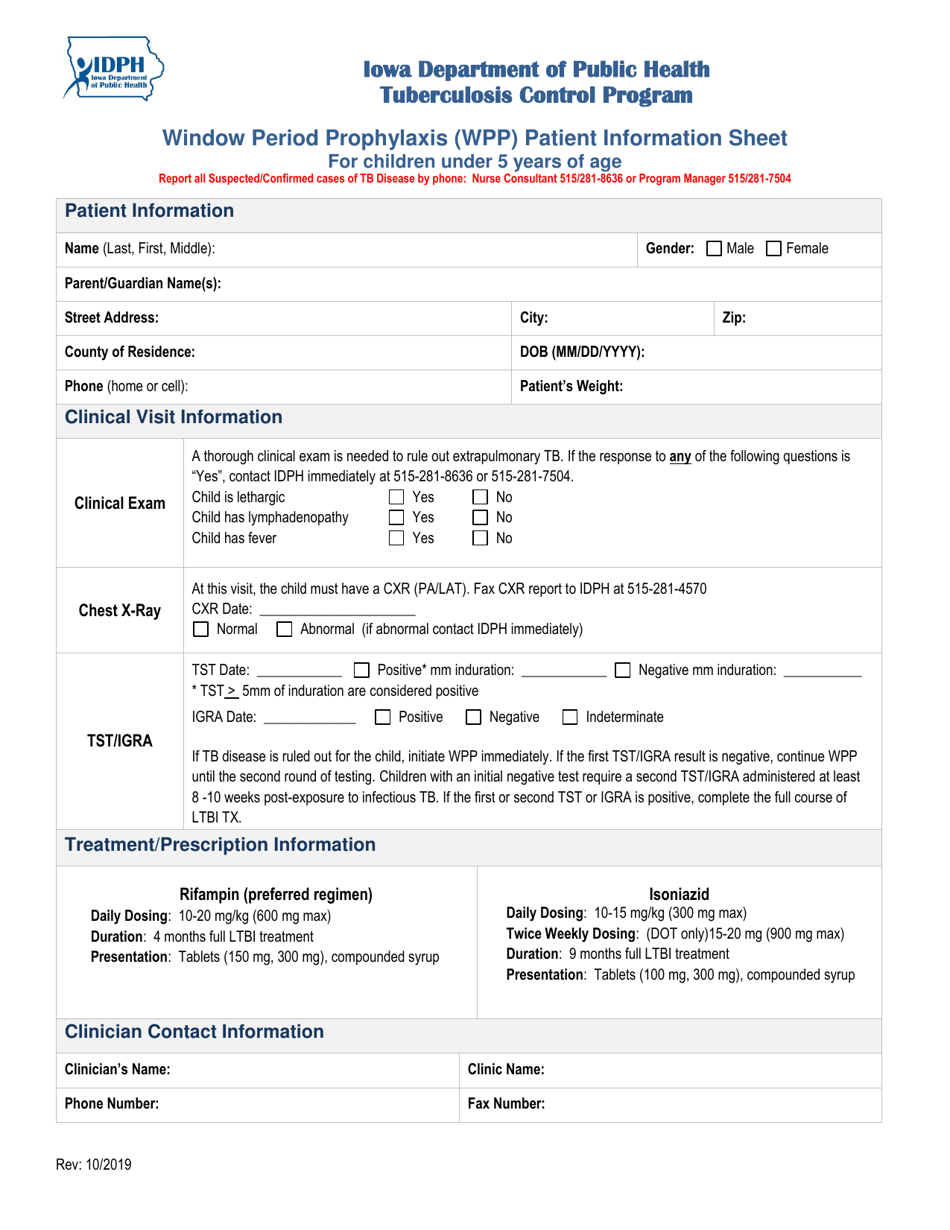 Window Period Prophylaxis (Wpp) Patient Information Sheet for Children Under 5 Years of Age - Iowa, Page 1