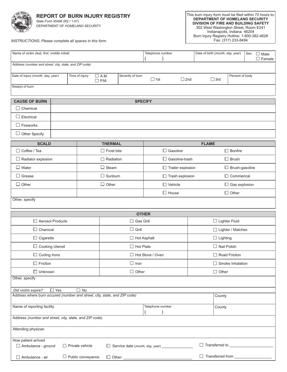 State Form 45496 Report of Burn Injury Registry - Indiana, Page 1
