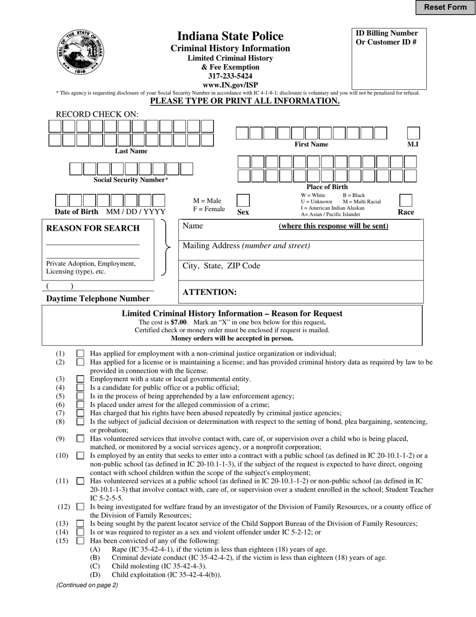 State Form 8053 Criminal History Information - Indiana, Page 1