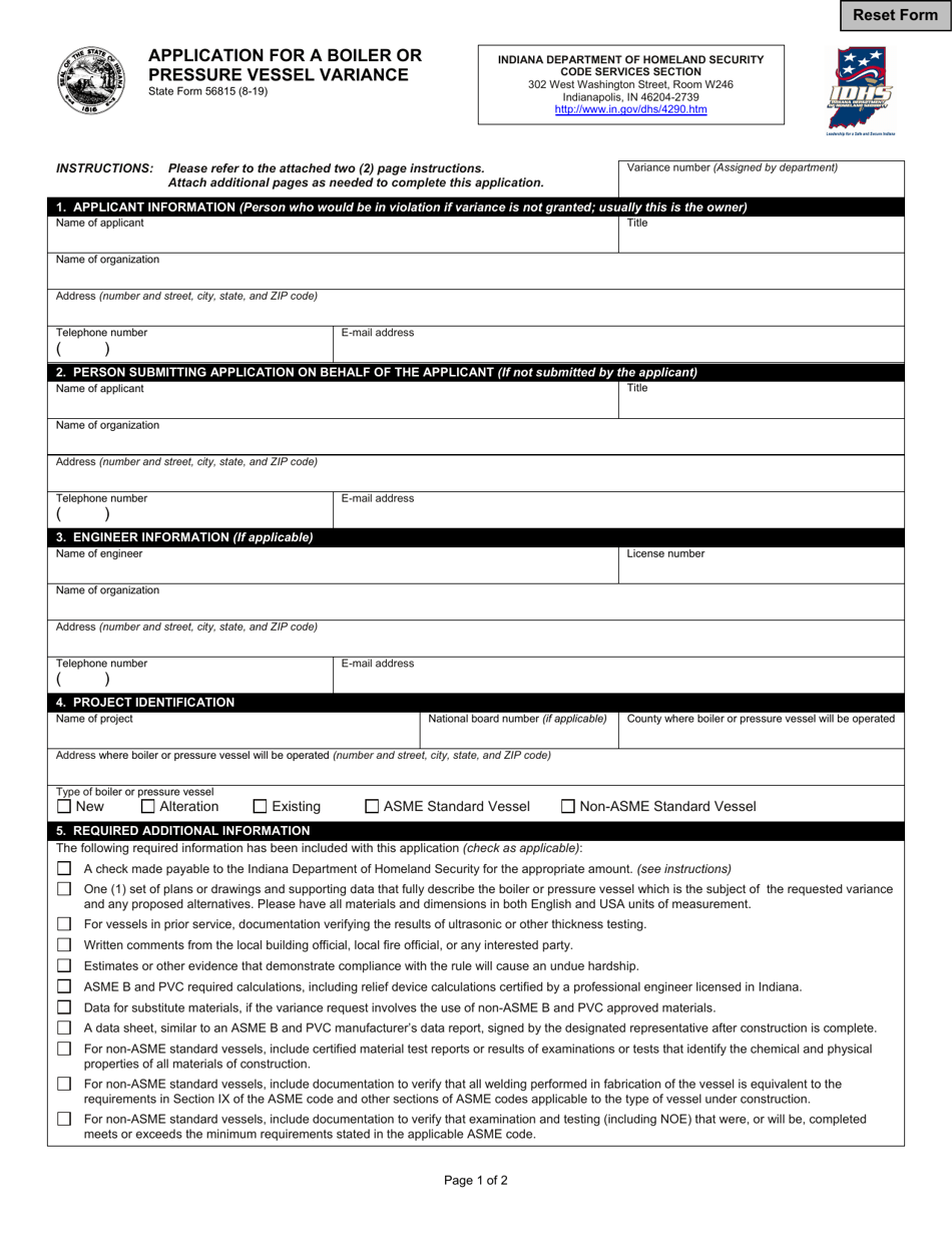 State Form 56815 Application for a Boiler or Pressure Vessel Variance - Indiana, Page 1