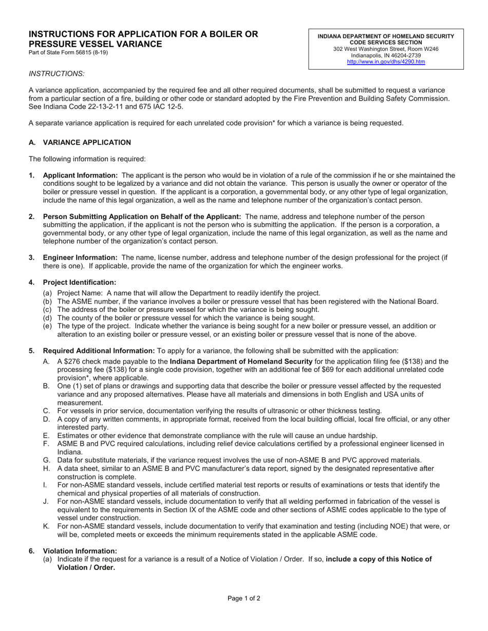 State Form 56815 Application for a Boiler or Pressure Vessel Variance - Indiana, Page 3