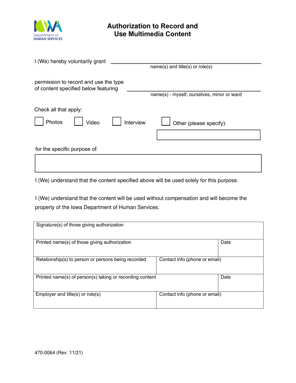 Form 470-0064 Authorization to Record and Use Multimedia Content - Iowa, Page 1
