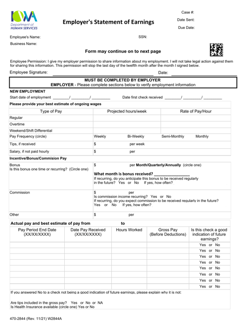 Form 470-2844 Employer's Statement of Earnings - Iowa