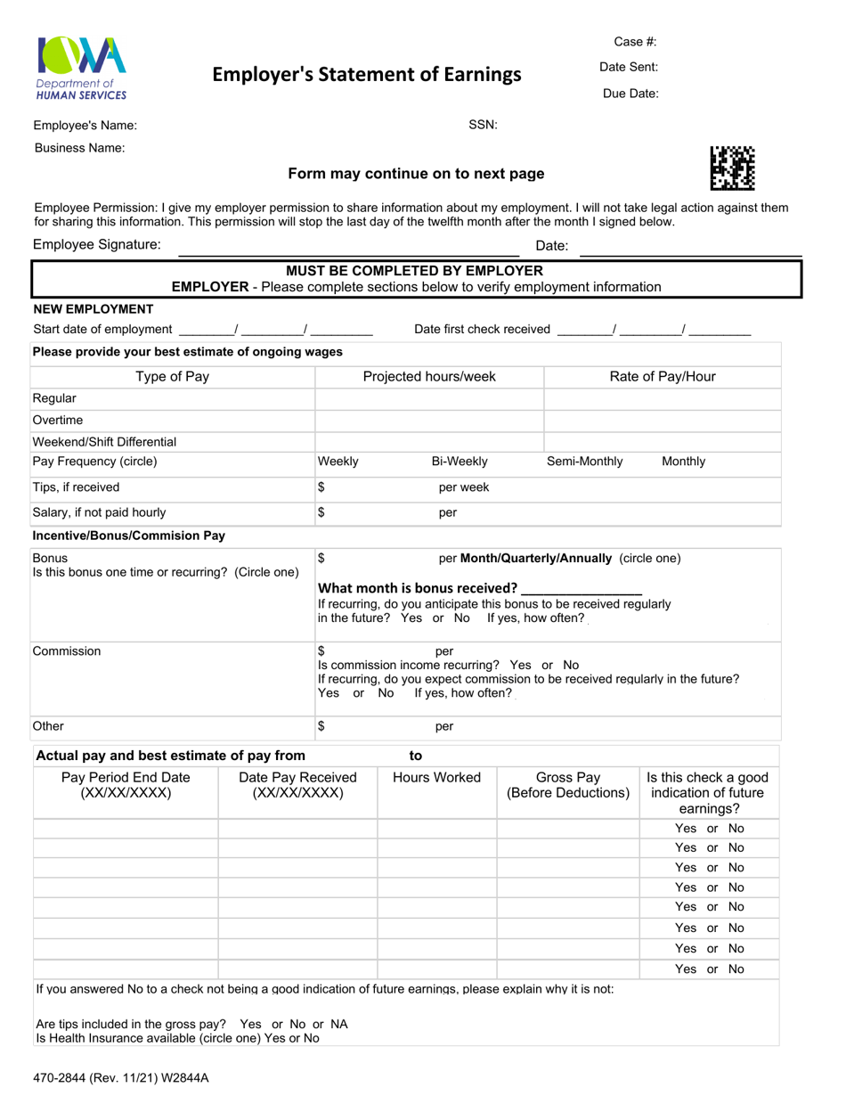 Form 470-2844 Employers Statement of Earnings - Iowa, Page 1