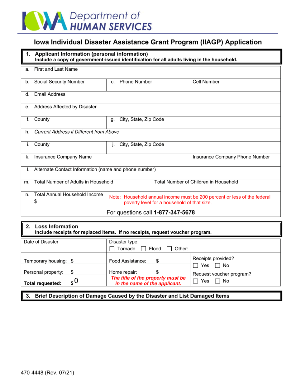 Form 470-4448 Iowa Individual Disaster Assistance Grant Program (Iiagp) Application - Iowa, Page 1