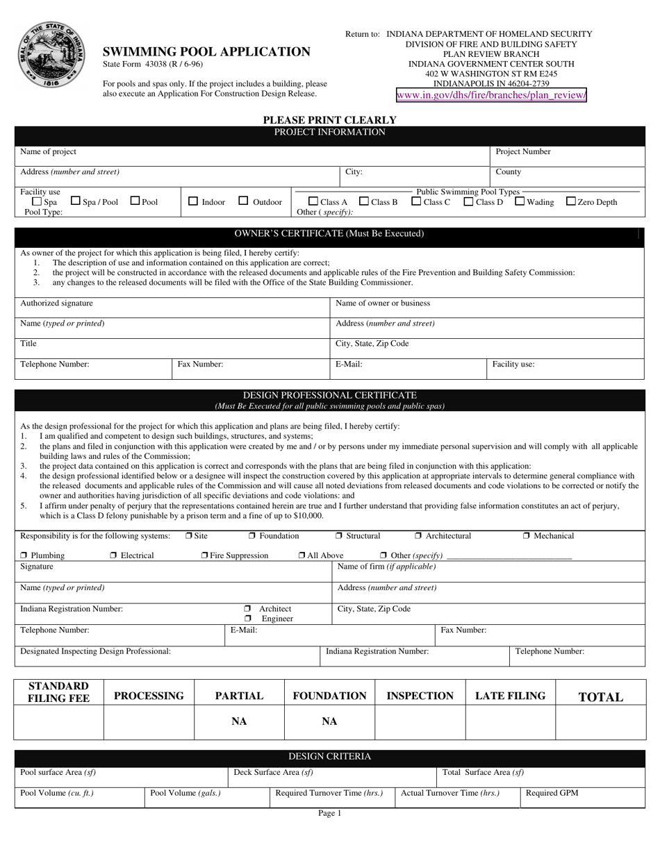 State Form 43038 Swimming Pool Application - Indiana, Page 1