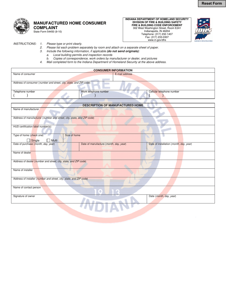 State Form 54450 Manufactured Home Consumer Complaint - Indiana, Page 1