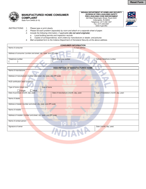 State Form 54450 Manufactured Home Consumer Complaint - Indiana